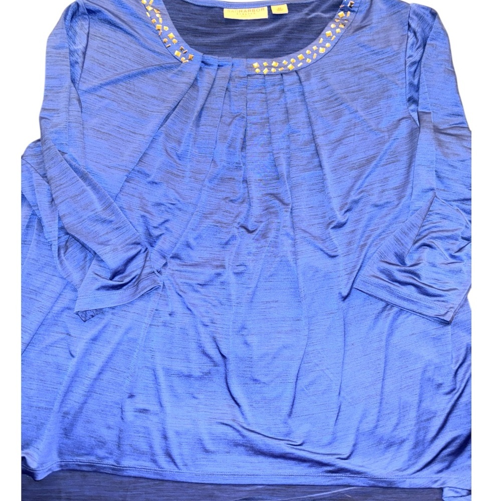 Sag Harbor Stretch Woman Blouse Blue Studded Neckline 3/4 Sleeve - Size 2X